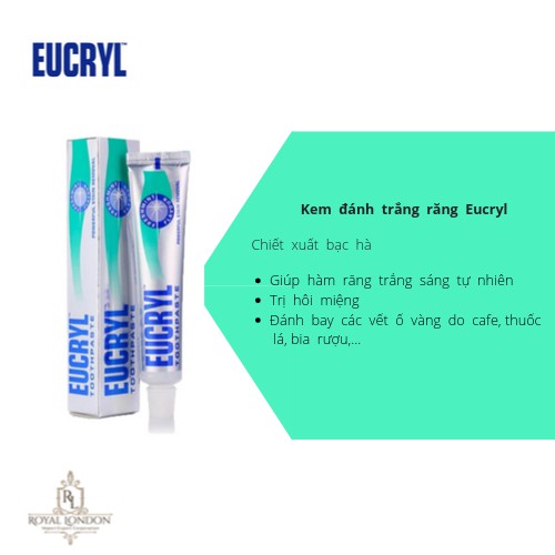Combo trắng răng Eucryl kem đánh răng 62g + bột trắng răng 50g