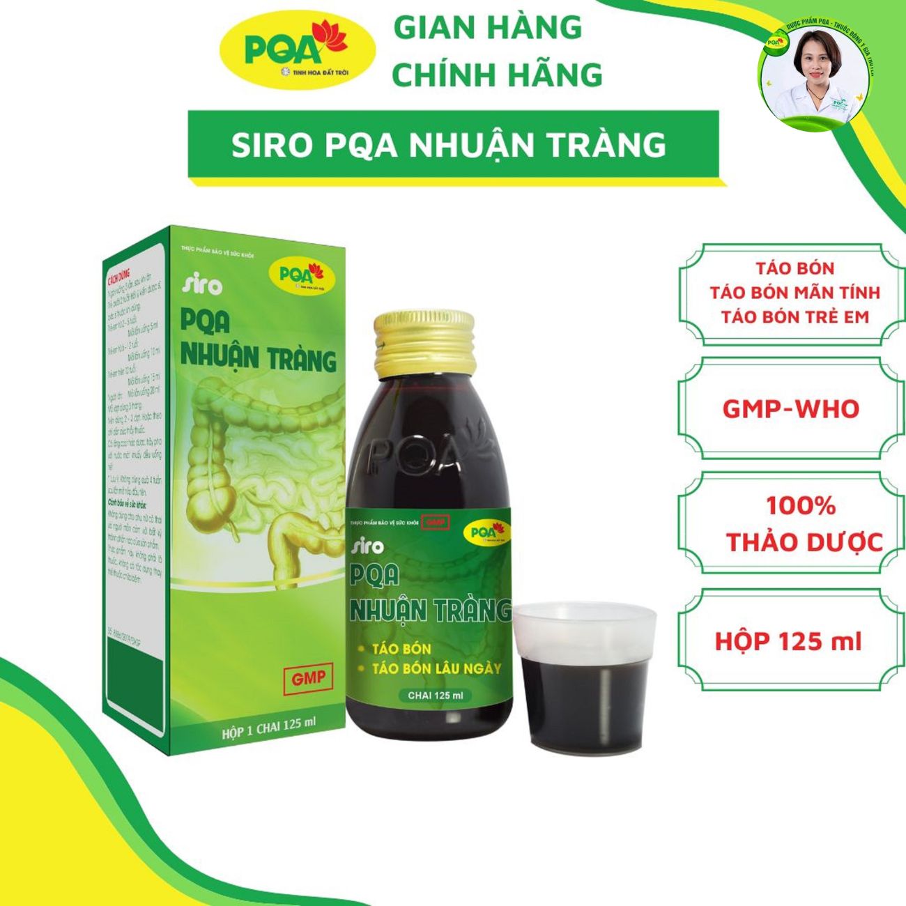 Siro Nhuận tràng PQA dùng cho người lớn và trẻ em bị táo bón giúp nhuận tràng, giảm táo bón hỗ trợ điều trị táo bón, táo bón lâu ngày. Hộp 125ml