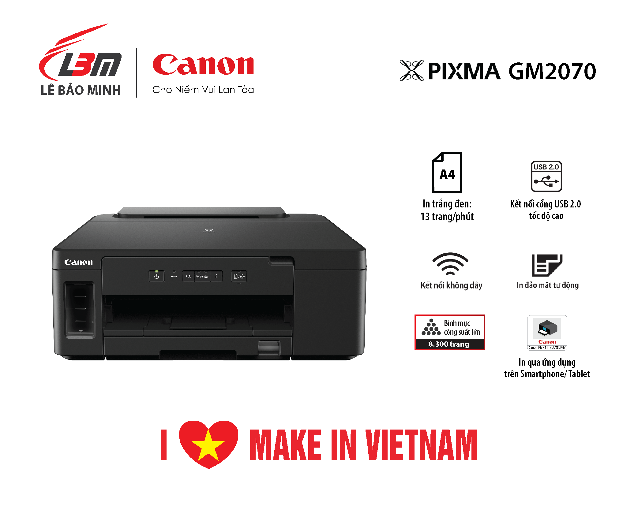 Máy in phun trắng đen Canon GM2070 - Máy in tiếp mực liên tục với kết nối không dây cho phép in đơn sắc công suất cao.