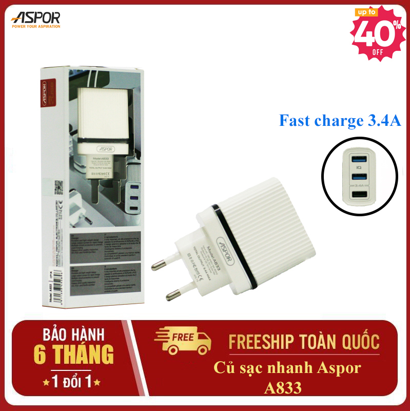 Giá Củ sạc nhanh 3 cổng usb A833 (màu trắng)