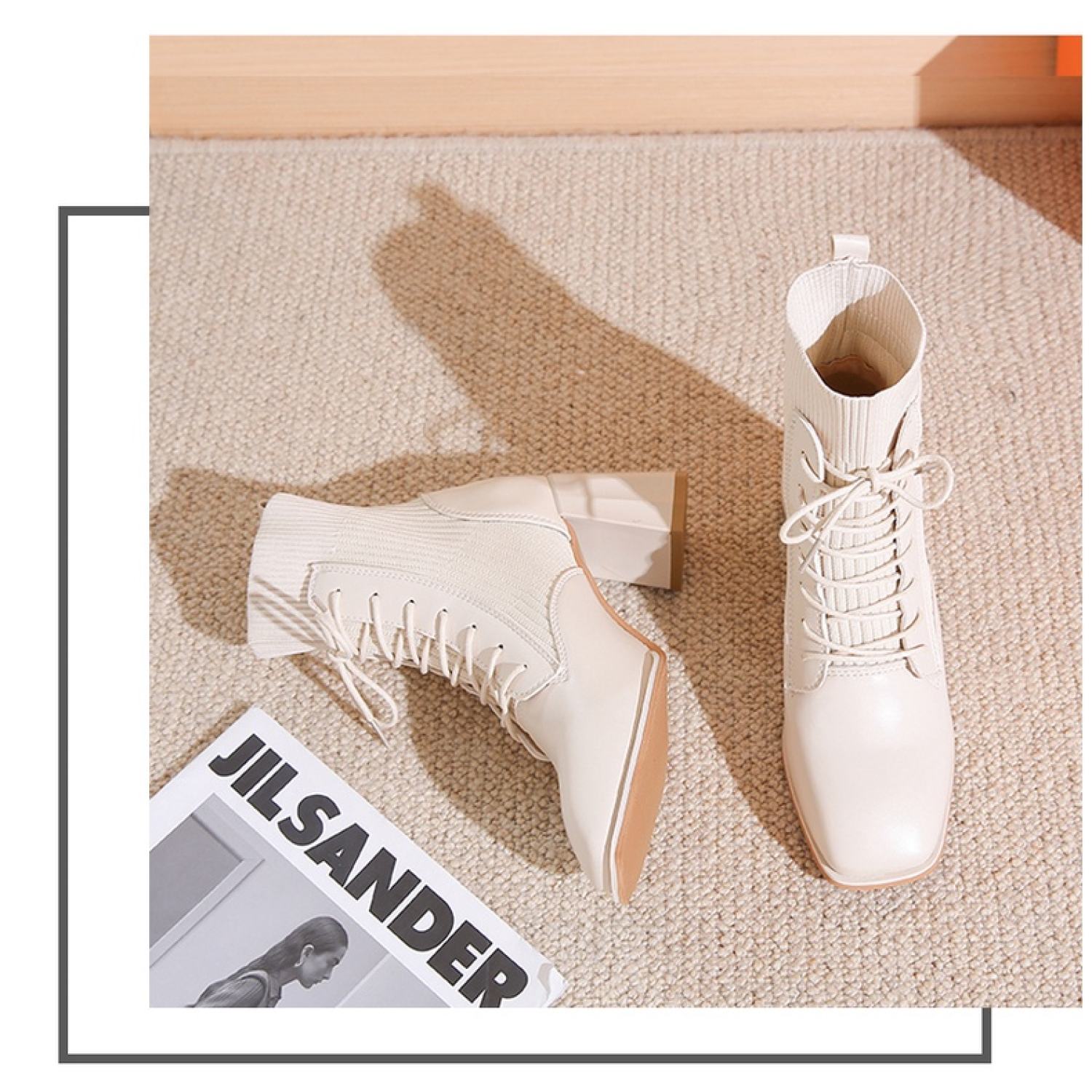 Bốt Nữ Boot Cổ Len Cổ Cao Cao Gót 7 Phân Đế Vuông