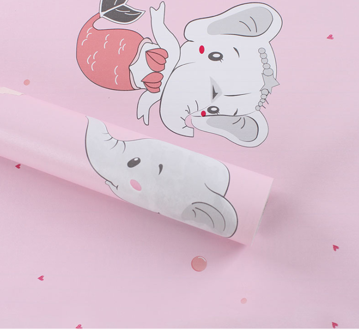 Cuộn 5m decal giấy dán tường keo sẵn khổ 45cm mẫu voi con vàng ,voi con hồng