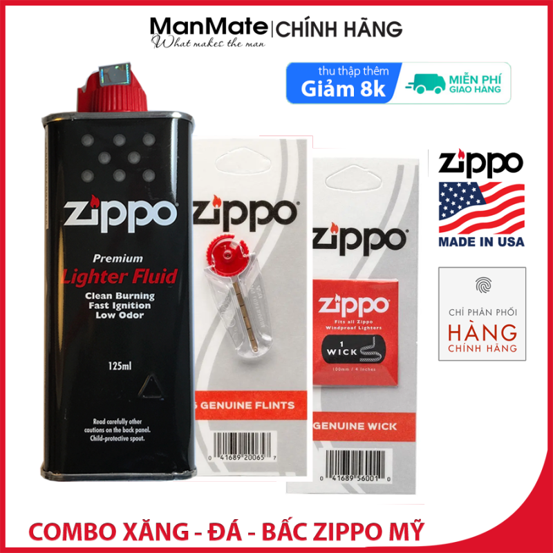 Combo xăng đá bấc Zippo chính hãng mỹ (made in USA) - dùng bơm bật lửa zippo và tẩy rửa đa năng - ManMate - 125ml