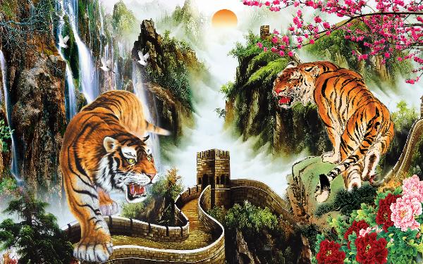 Tranh dán tường VTC Song hổ tranh hùng UD1179 kim sa