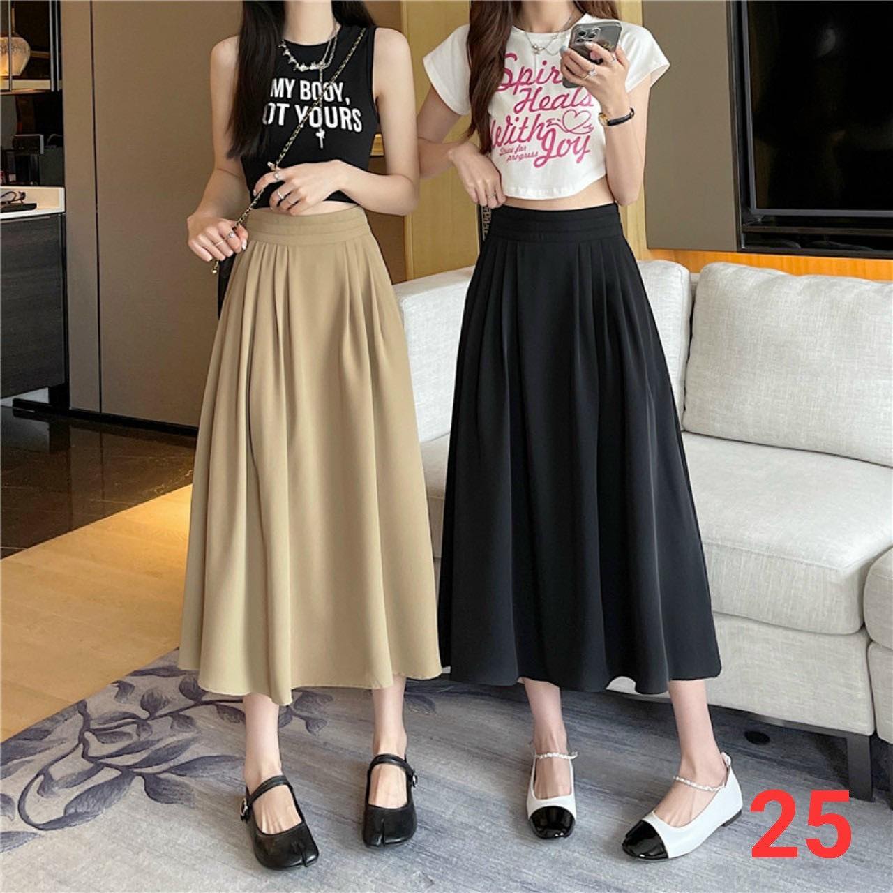 Chân váy dáng dài cạp cao xếp ly, công sở