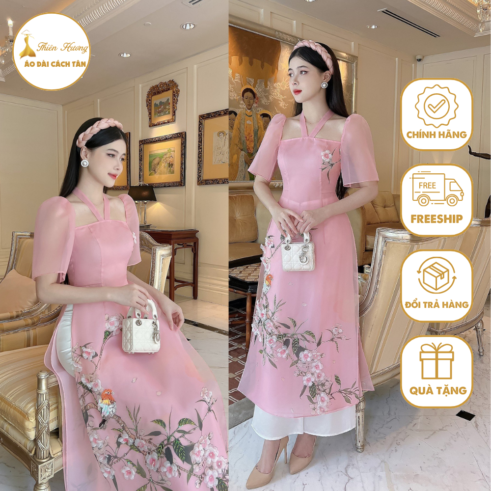 Áo dài truyền thống nữ❤️hàng thiết kế❤️ cách tân in họa tiết hoa chất liệu organza cao cấp - áo dài thiên hương - ad70