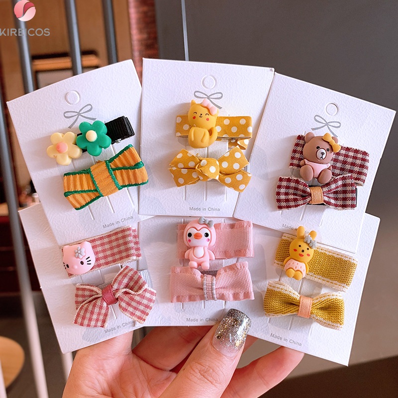 [HCM]Set 2 Kẹp Tóc Nơ Sọc Đính Thú Siêu Cưng - kireicos