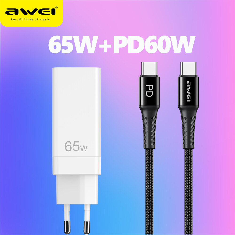 Awei PD9 PD 65W Fast Charger Quick Charge 2 Type C 65W 1 USB A 30W with QC 4.0 3.0 Portable EU Plug for airpods pro iPhone 13 12 XR Xiaomi Macbook M1 pro Laptop iPad Pro Huawei P20 P30 P40 sony wf1000xm4 Sumsang S20 S21