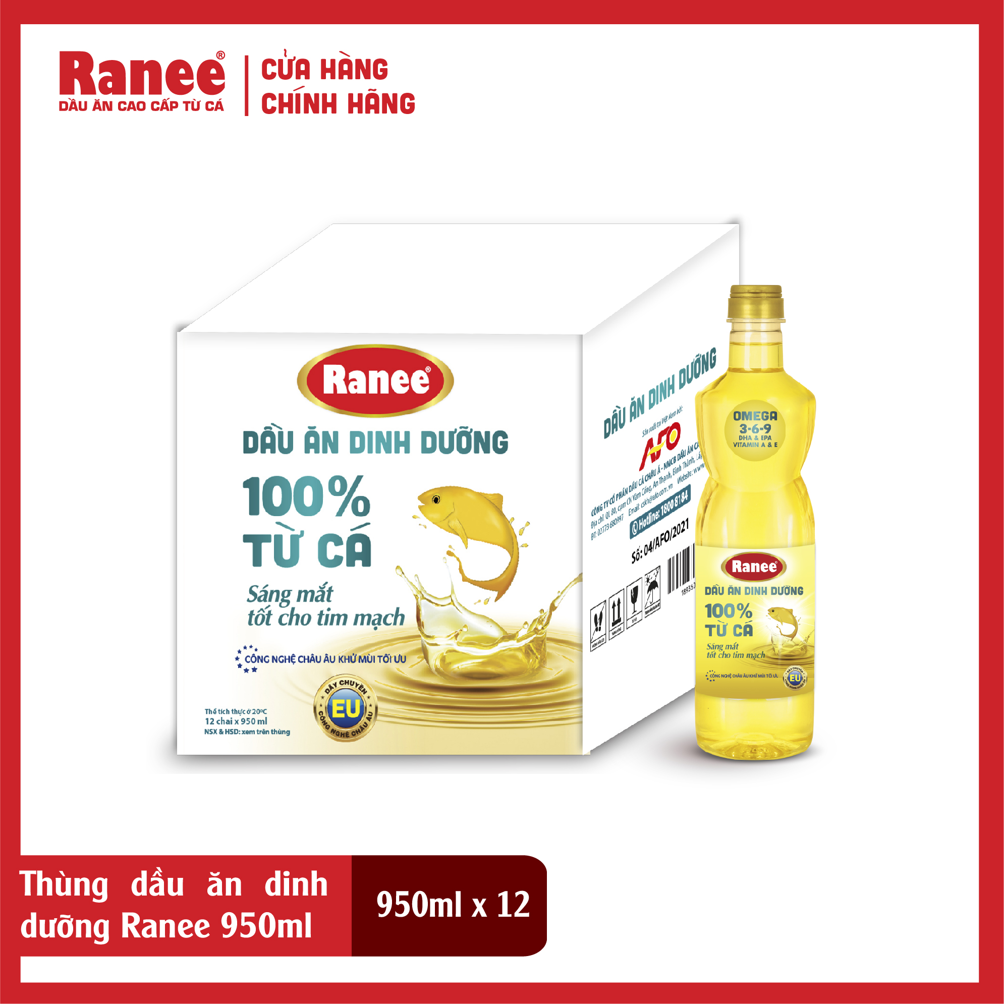 {Đơn 199k tặng hộp chai nước mắm -399k tặng vá gỗ} Thùng dầu ăn dinh dưỡng Ranee 950ml (12 chai)