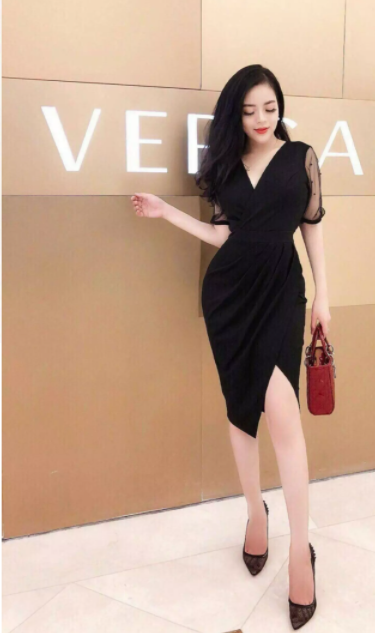 [HCM]Đầm body dự tiệc cổ V phối tay lưới xoắn eo