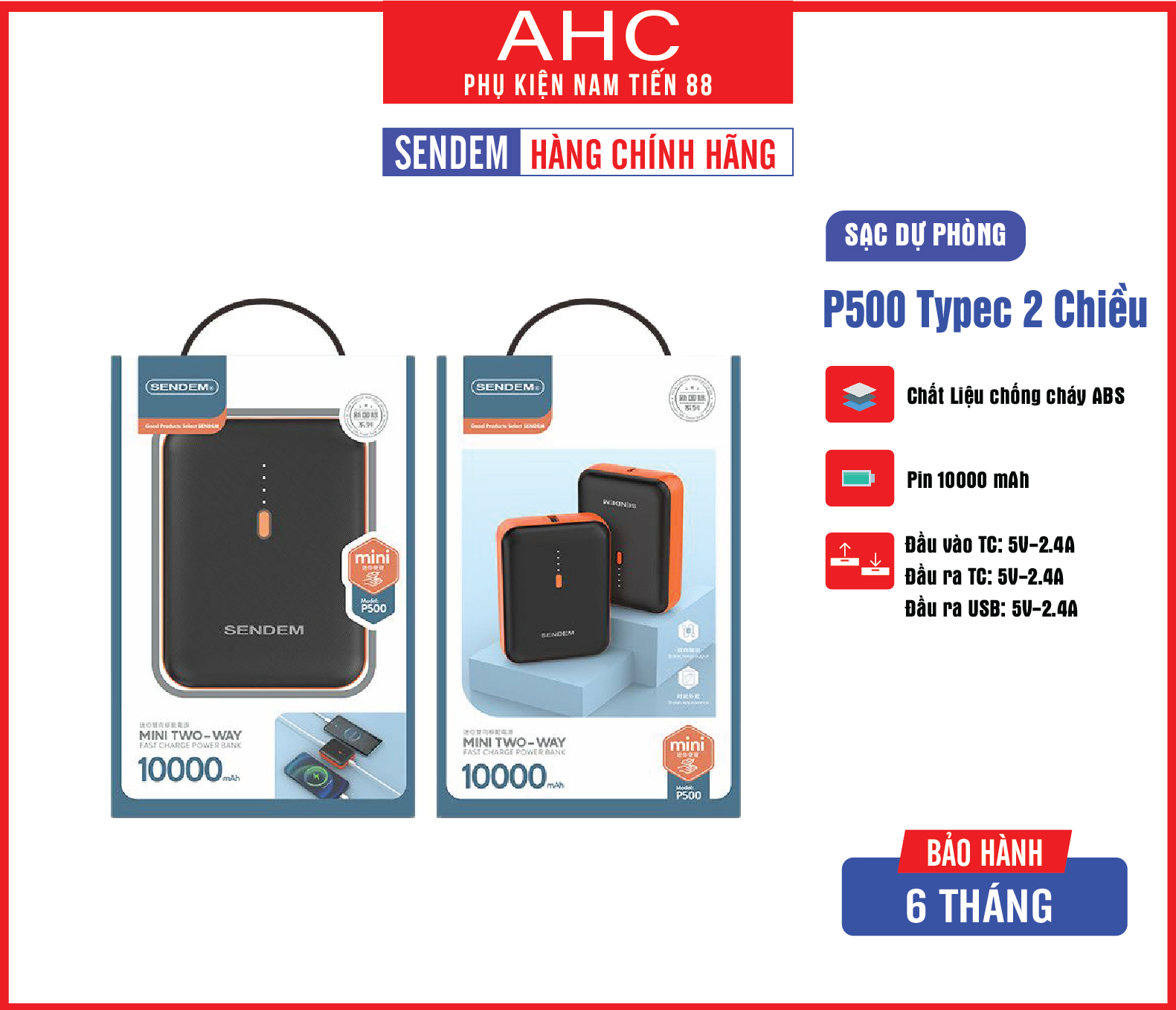 Sac dự phòng mini P500 typeC 2 chiều 10000mah