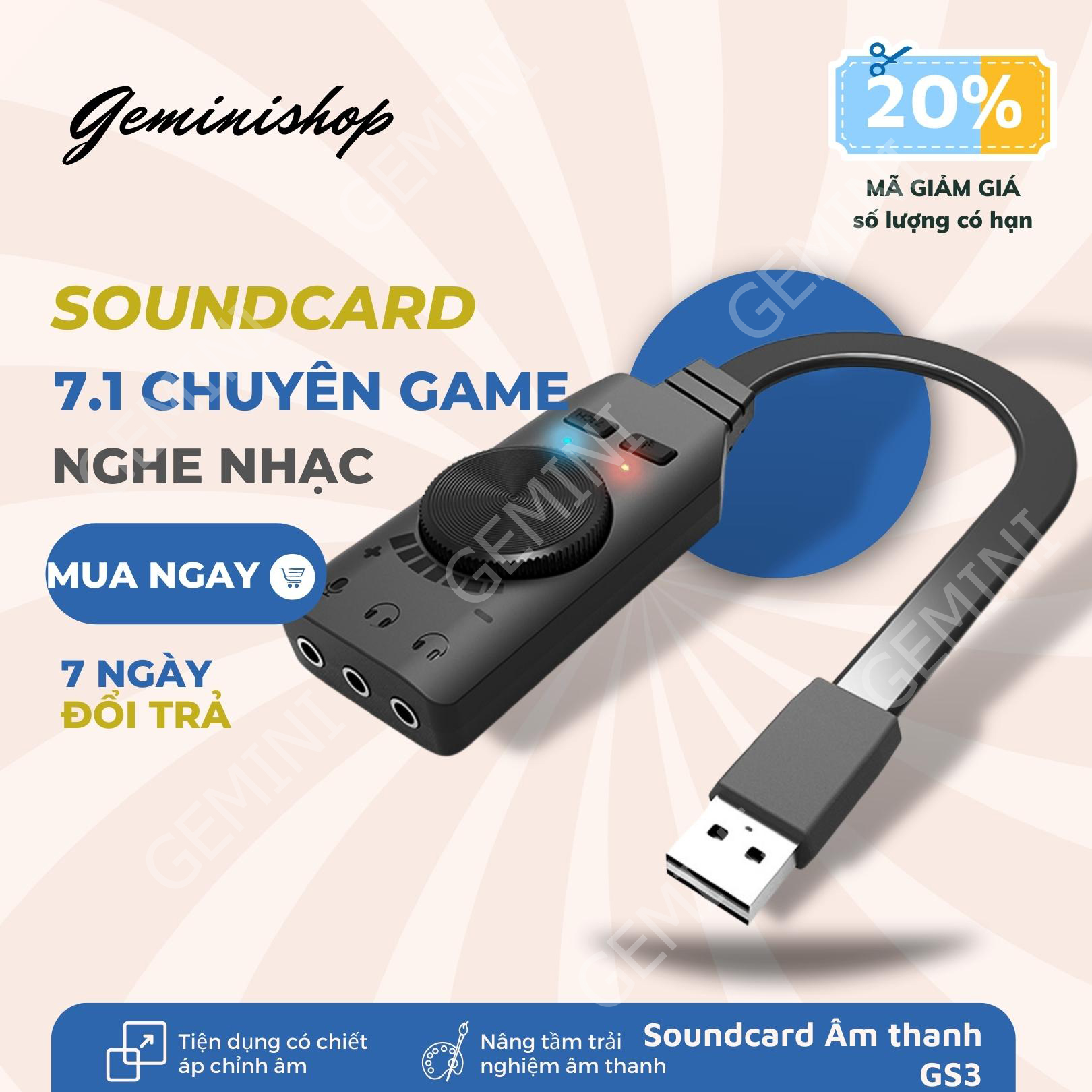 Sound card âm thanh 7.1 cho máy tính PC chuyên game Plextone GS3