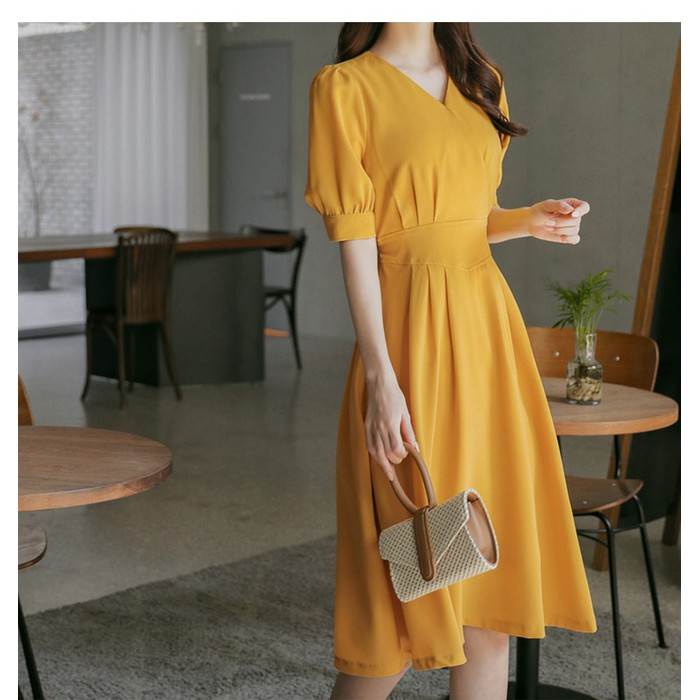 Đầm xòe cổ chữ V chít eo thắt nơ tay lửng