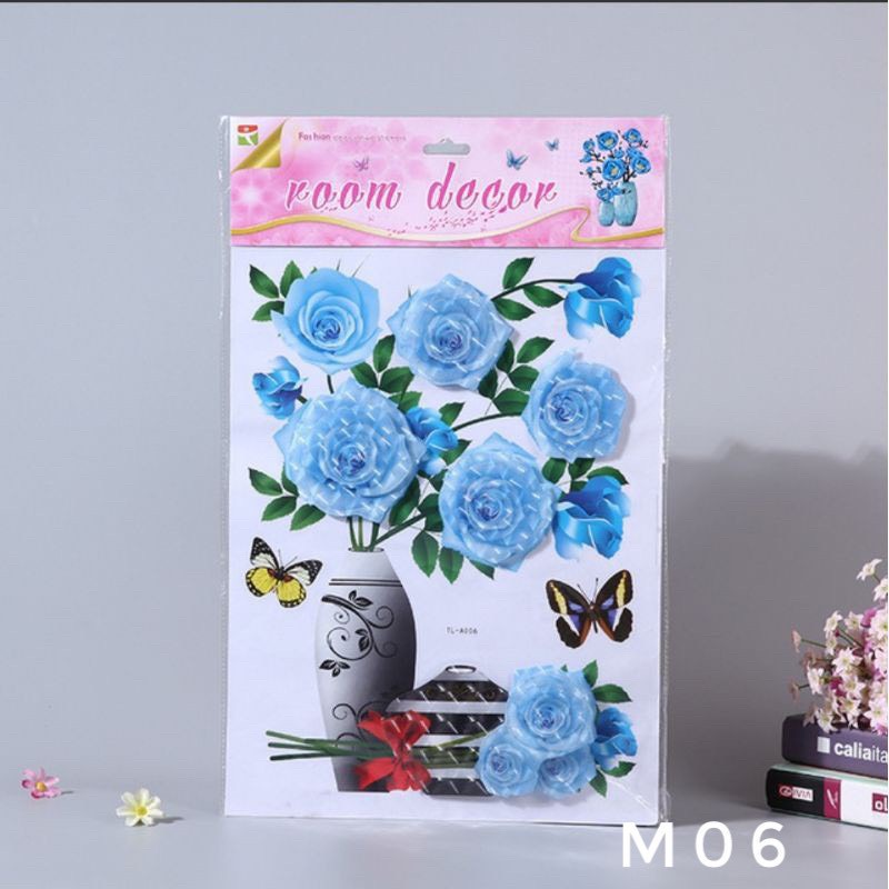 Tranh Decal Dán Bình Hoa 3D Hoa Nổi Trang Trí