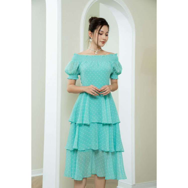 Đầm voan trễ vai chấm bi SIXDO (Polka Dot Midi Voile Dress)