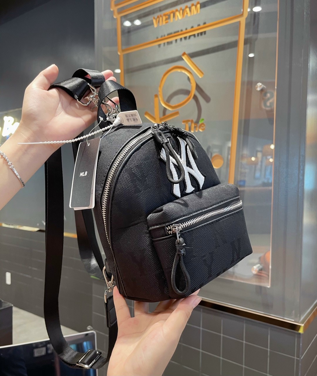 Balo Mini MLB NY Monogram Nylon Jacquard Backpack xuất dư Full Tag Mac