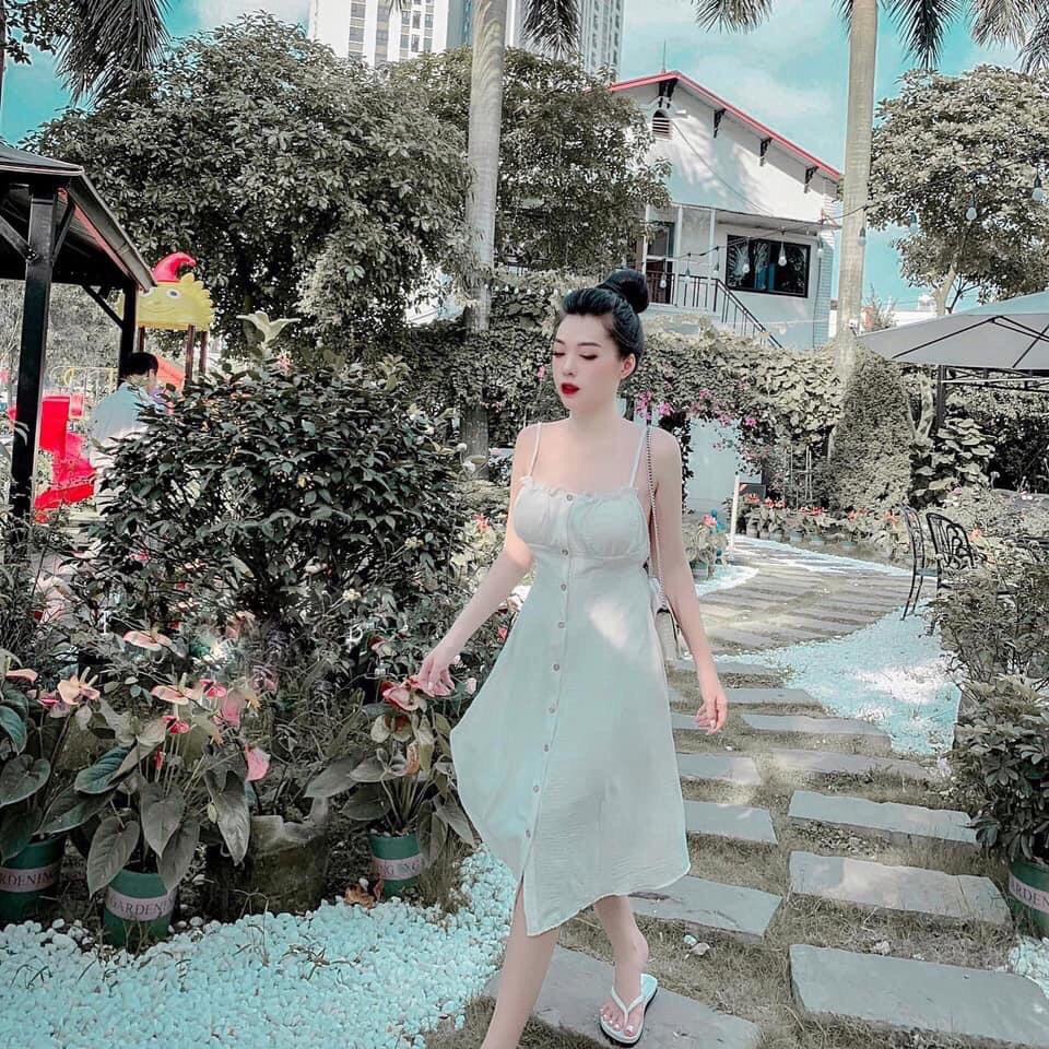 Đầm 2 dây đính nút có mút ngực #dam2daydinhnutcomut