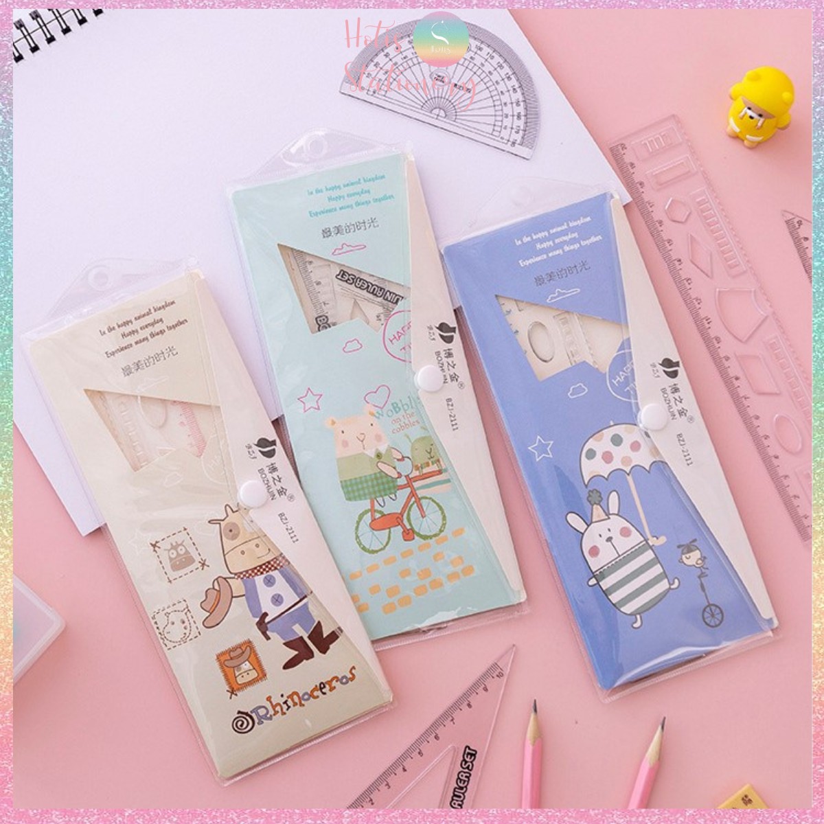 Bộ thước eke 4 món Hotis đo độ, đo góc trong suốt