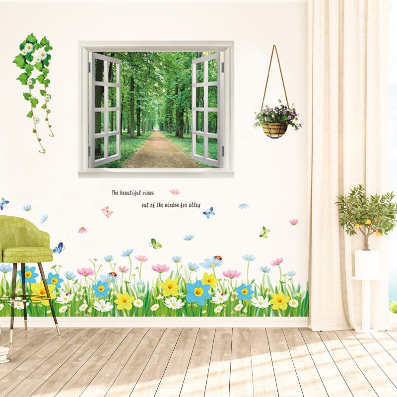 Decal dán tường cửa sổ chân tường hoa cỏ mùa xuân