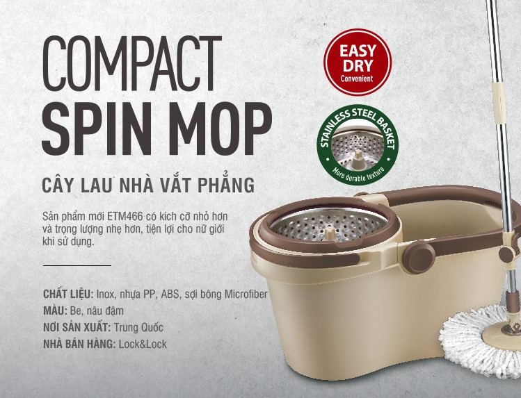 Bộ lau nhà xoay tay compact spin mop lock&lock, cây lau nhà thông minh xoay 360 độ, combo lồng vắt + thùng + cây lau nhà + bông lau, dễ tháo rời vệ sinh, bh 1 năm, 1 đổi 1