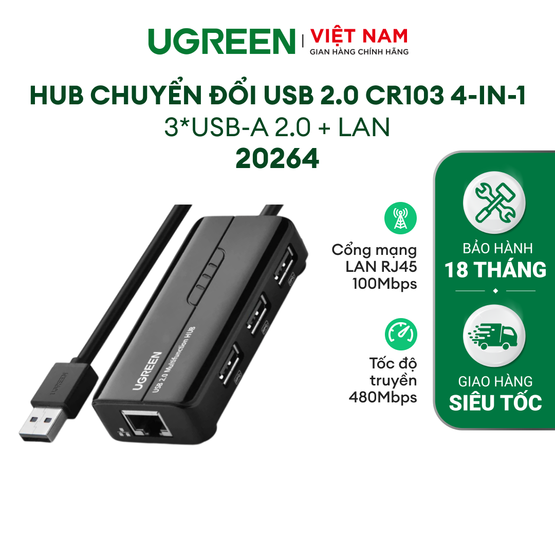 HUB USB 3 cổng 2.0 kèm cổng mạng LAN 10/100Mbps UGREEN CR103 20264 (Đen)