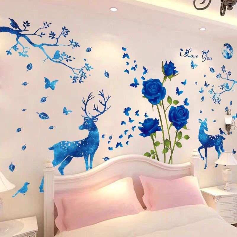 Decal dán tường đôi nai và hoa hồng xanh