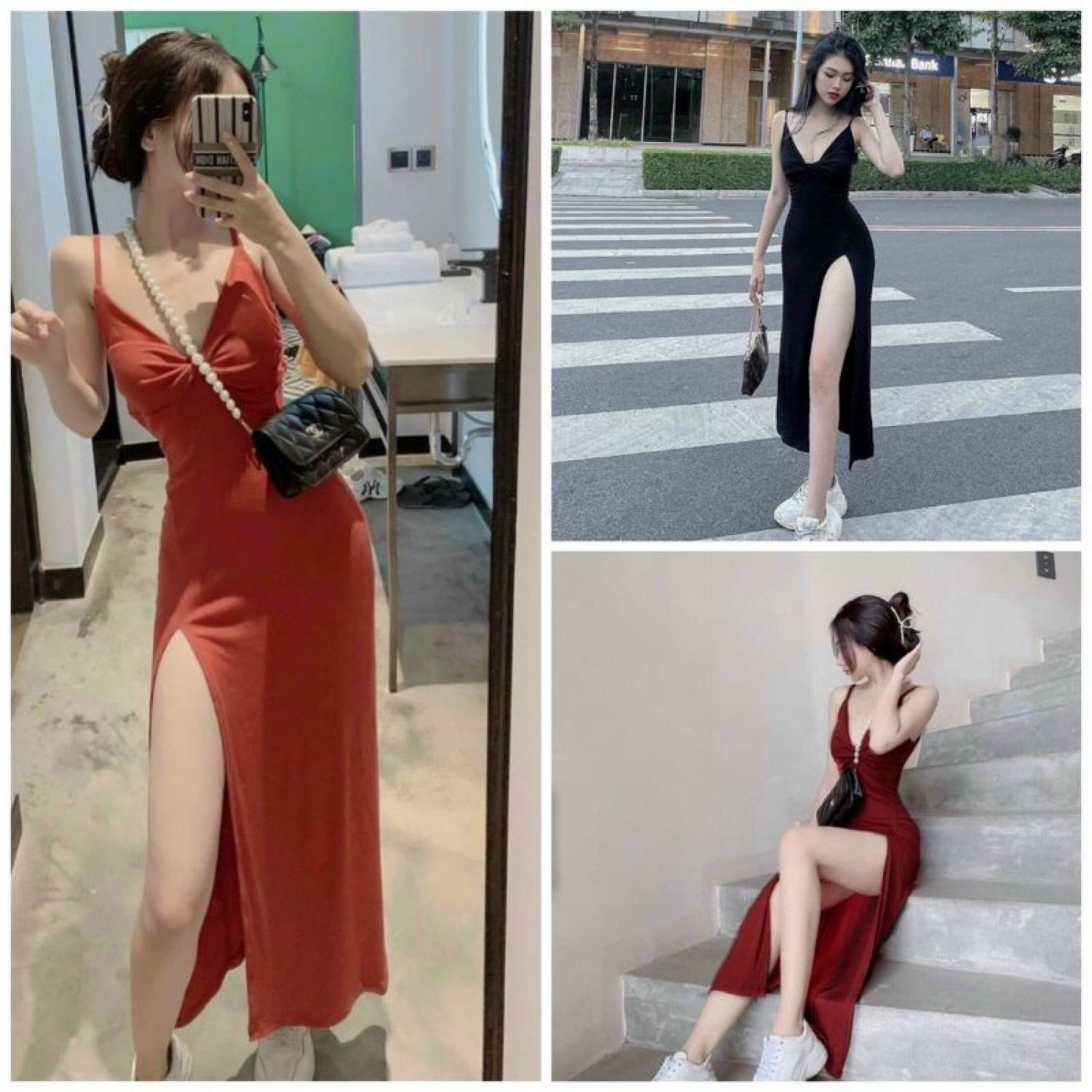 Đầm thun hai dây ngực xoắn nơ - có mút ngực - dáng dài maxi xẻ tà ôm body sexy