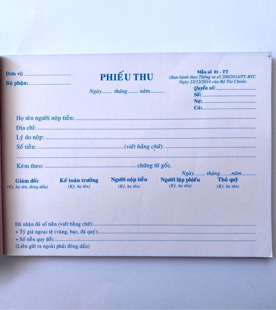 Phiếu thu 2 liên khổ 13x19cm ( 100 tờ )