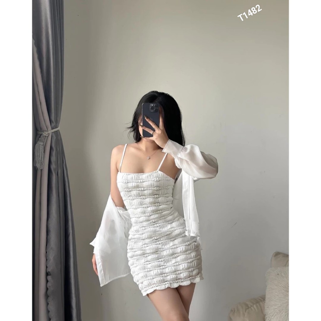 Đầm body tầng sóng kèm áo sơ mi tơ ánh kim tay dài T1482
