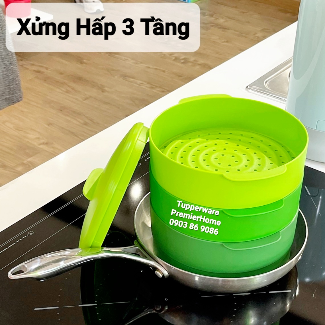 Xửng hấp Tupperware Steam It 3 Tầng màu xanh