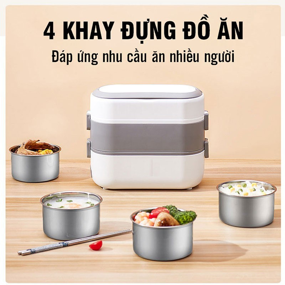 Cà men cắm điện thông minh 2 tầng 4 ngăn inox cao cấp - Nồi cơm điện mini thế hệ mới có quai xách tiện lợi - Hộp cơm văn phòng ruột inox siêu bền, dễ dàng nấu từ gạo thành cơm