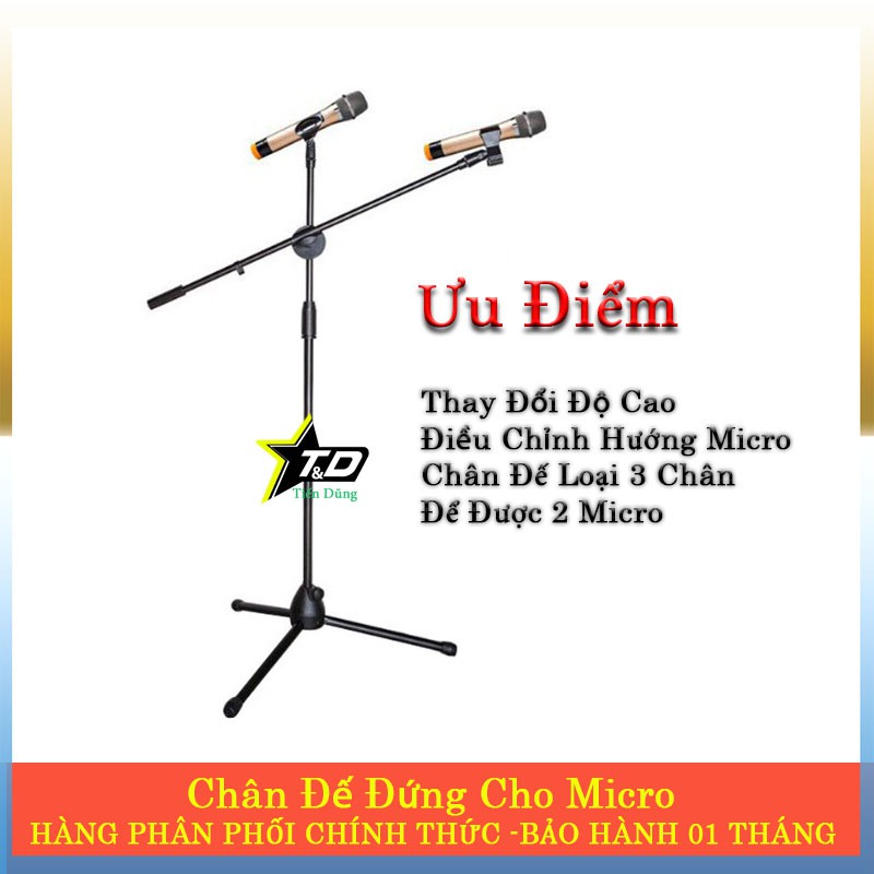Chân mic đứng có 2 giá để mic hoặc điện thoại - Chân mic cao 1.7m thay đổi độ cao và xoay 180 độ