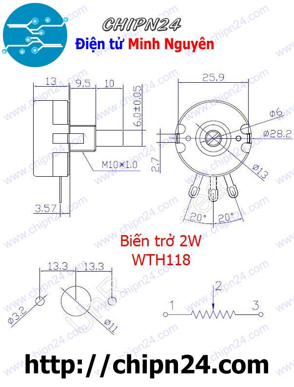 [1 con] (F152) Biến trở 2W WTH118 Trắng 10K (WTH118-2W 1A, Biến trở công nghiệp, Biến trở công suất) - HH002737