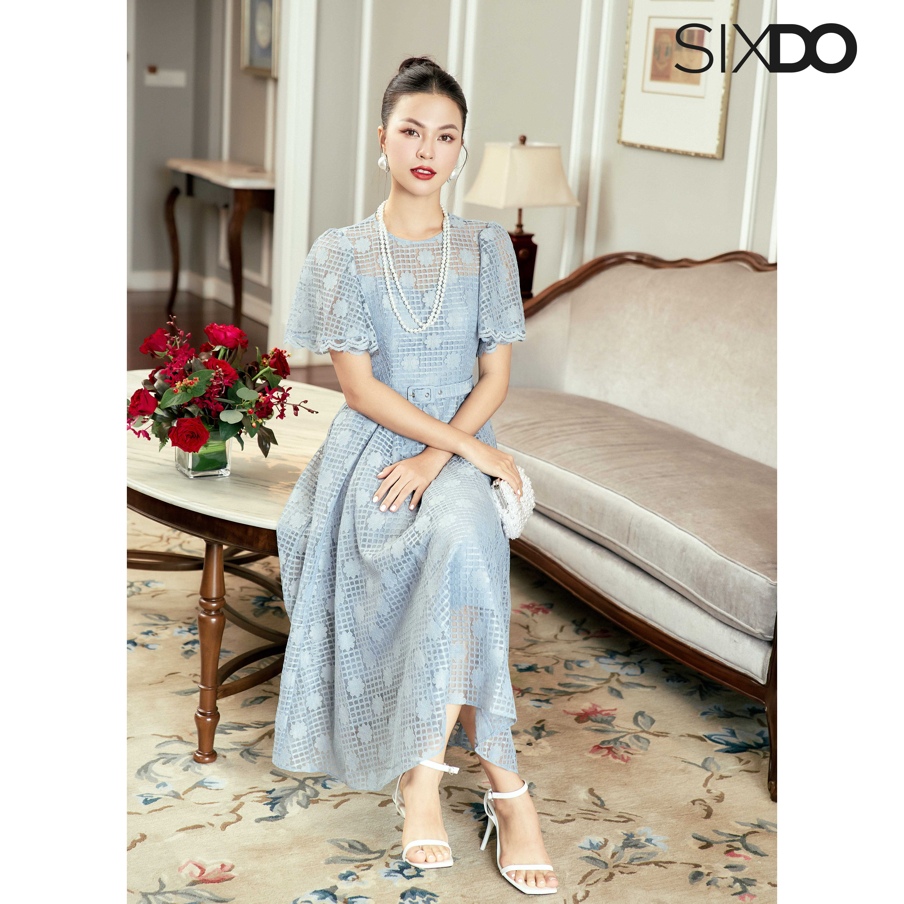 Đầm ren xanh xám tay phồng SIXDO (Blue-grey Floral Midi Lace Dress)