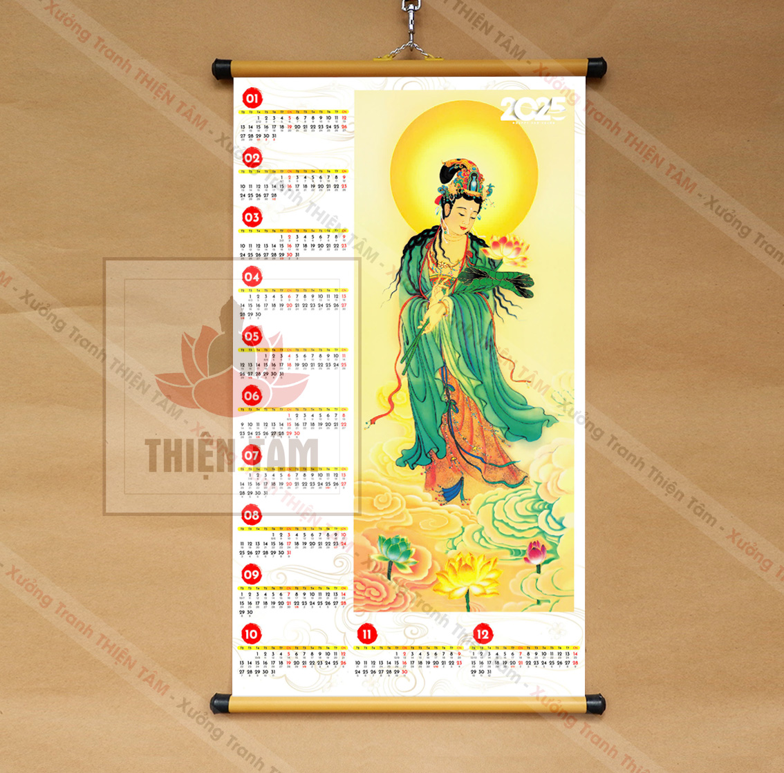 Lịch Phật Giáo 2025 kích thước 40x70cm bằng vải bóng cao cấp, dày dặn (có ngày âm lịch)