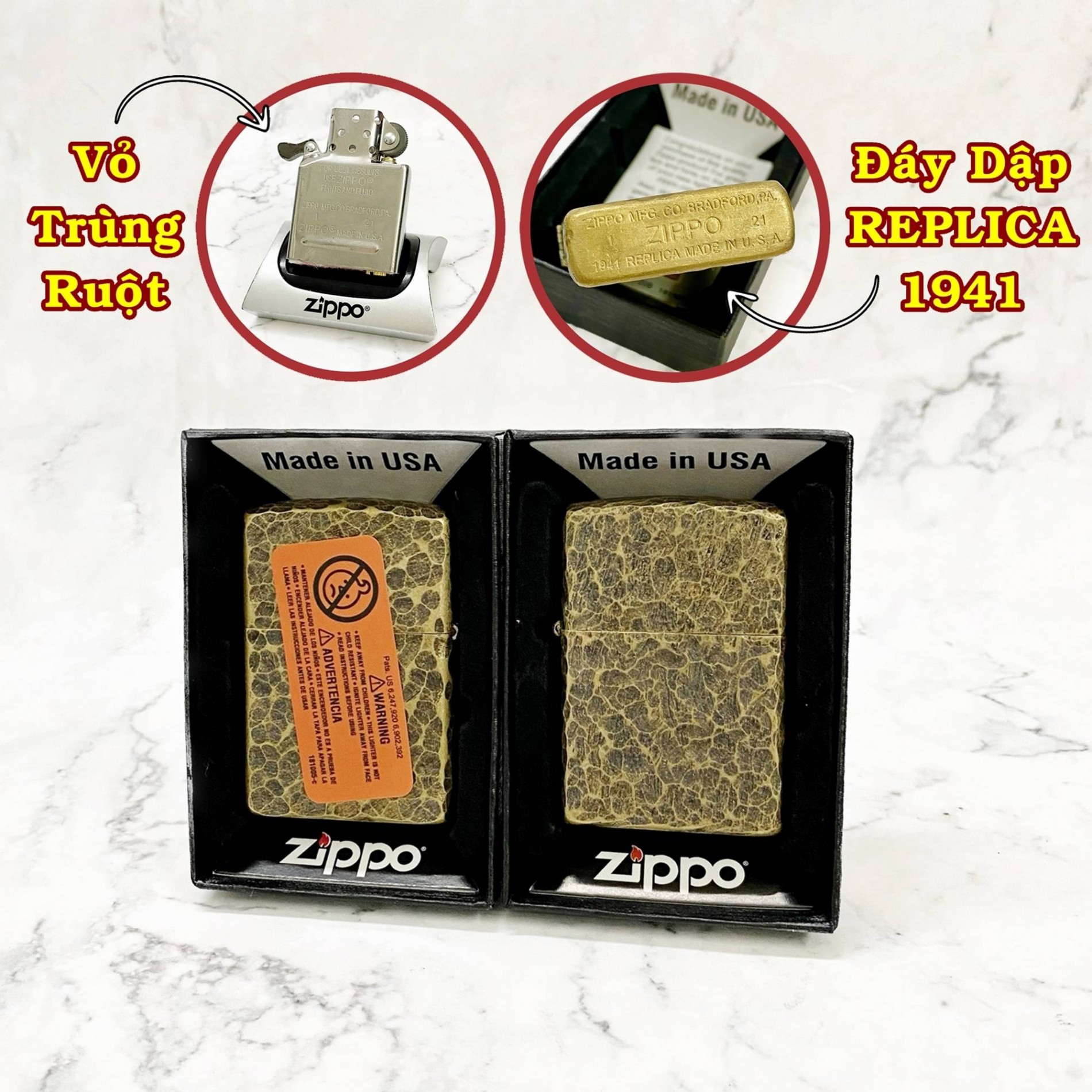 Bật lửa zippo mỹ rep-lica 1941 vân gõ búa 5 mặt - ruột usa - #vàng cổ