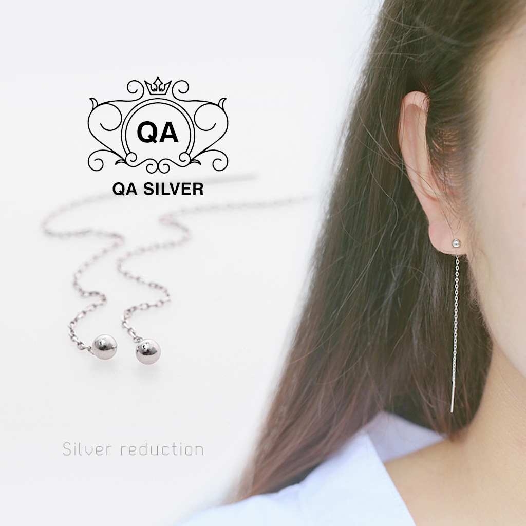 Khuyên tai bạc 925 dáng dài bi tròn bông nữ tua xích S925 CHAIN QA SILVER Earrings EA170101