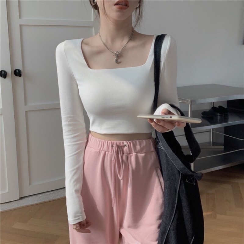 Áo thun kiểu croptop tay dài cổ vuông