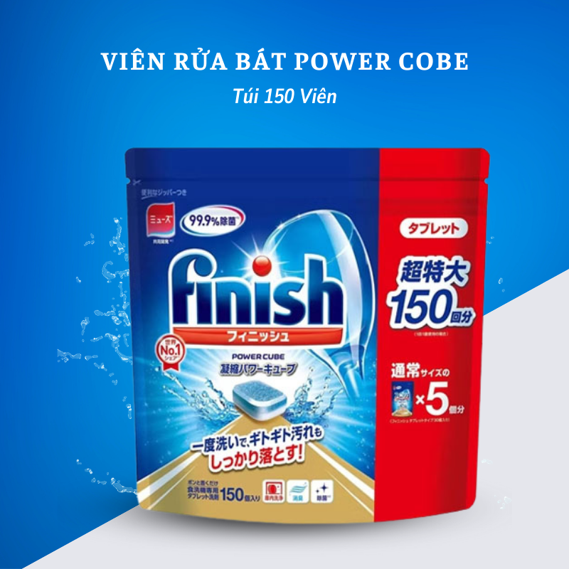 Viên rửa bát Finish Power Cube Nhật Bản (túi 150 viên) dành cho máy rửa bát