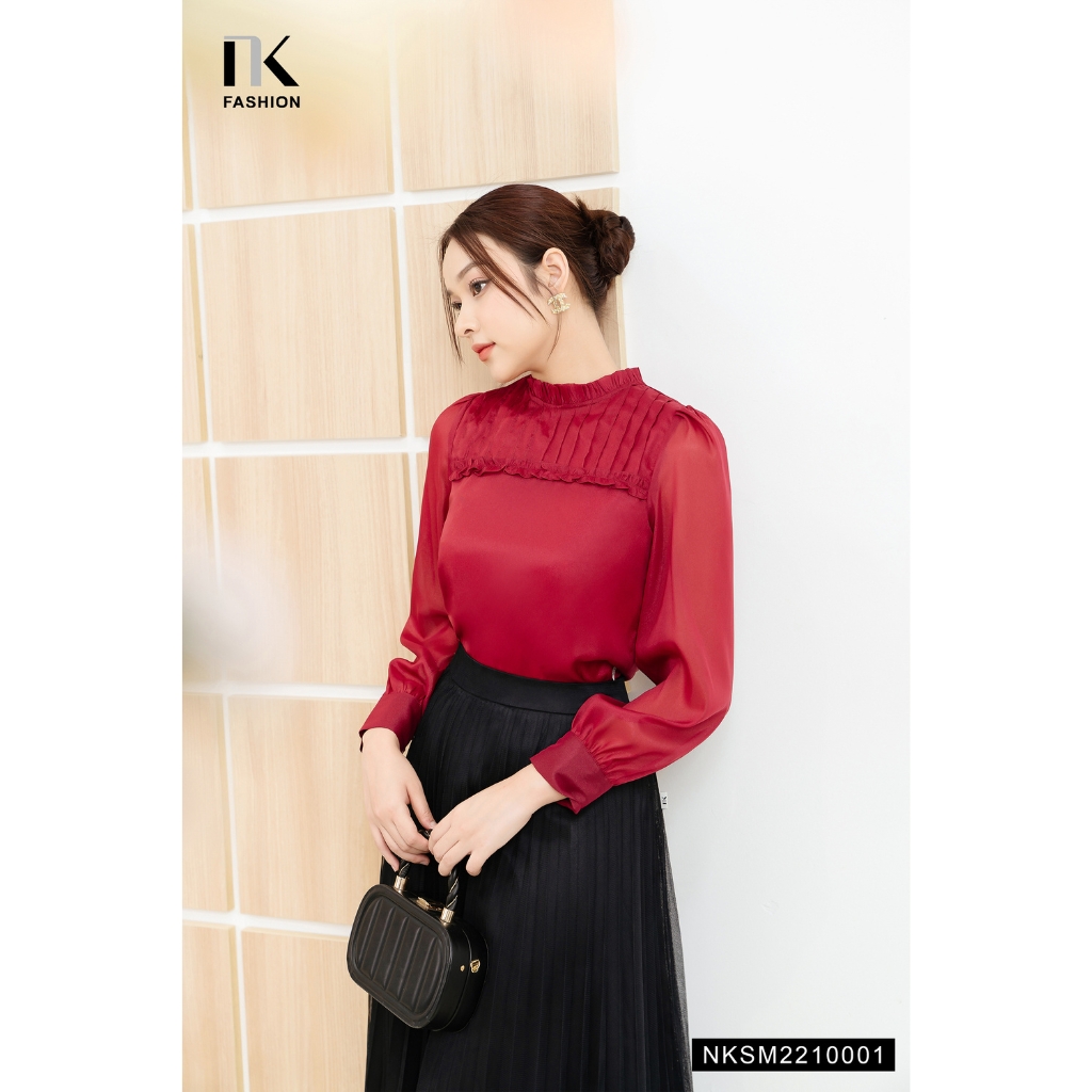 Áo Sơ Mi Nữ Nhún Bèo Ngực Dài Tay Thiết Kế NK FASHION NKSM2210001 Cổ Tròn Thanh Lịch Chất Vải Mềm Mỏ