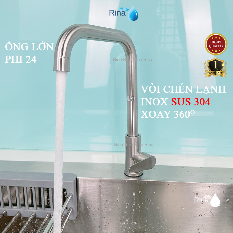 Vòi nước rửa chén bát lạnh inox sus 304 cao cấp Rina RN6005 phi ống 24 vĩnh viễn không han gỉ sắt