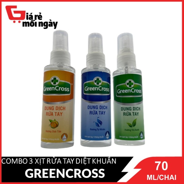 [HCM]Combo 3 chai Xịt rửa tay diệt khuẩn GreenCross đủ mùi (Dưa táo/Trà xanh/Tự nhiên) 70mlX3