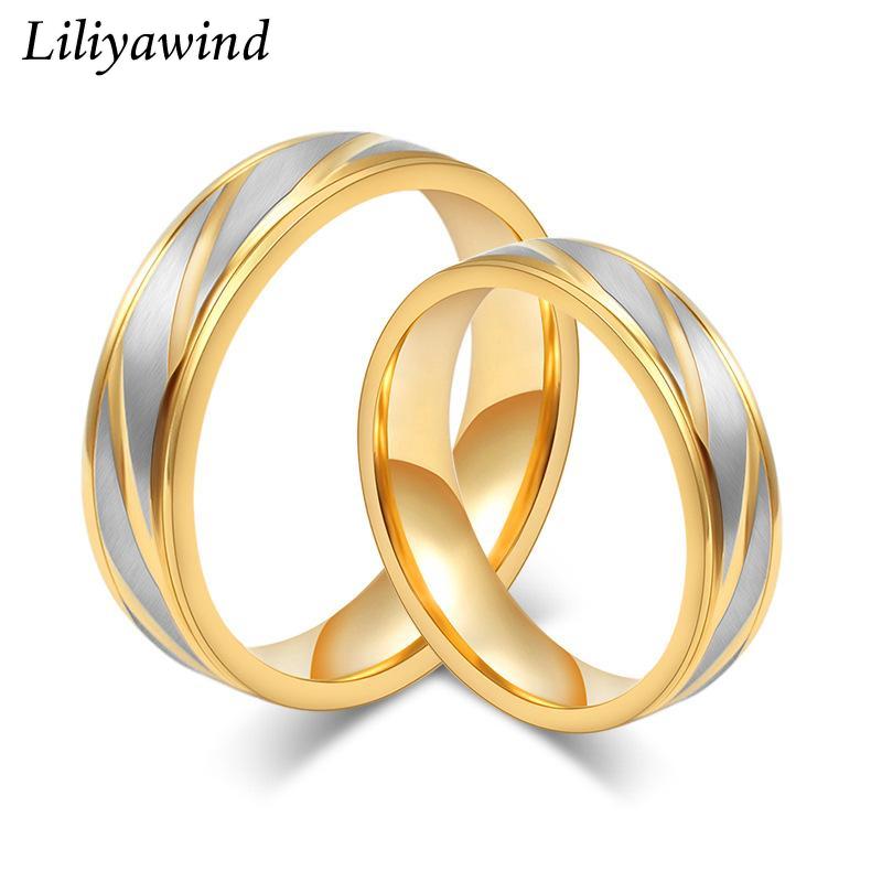 Diagonal Stripes Gold Plated Grey Surface Simple Stylish Titanium Steel Couple Rings for Men and Women