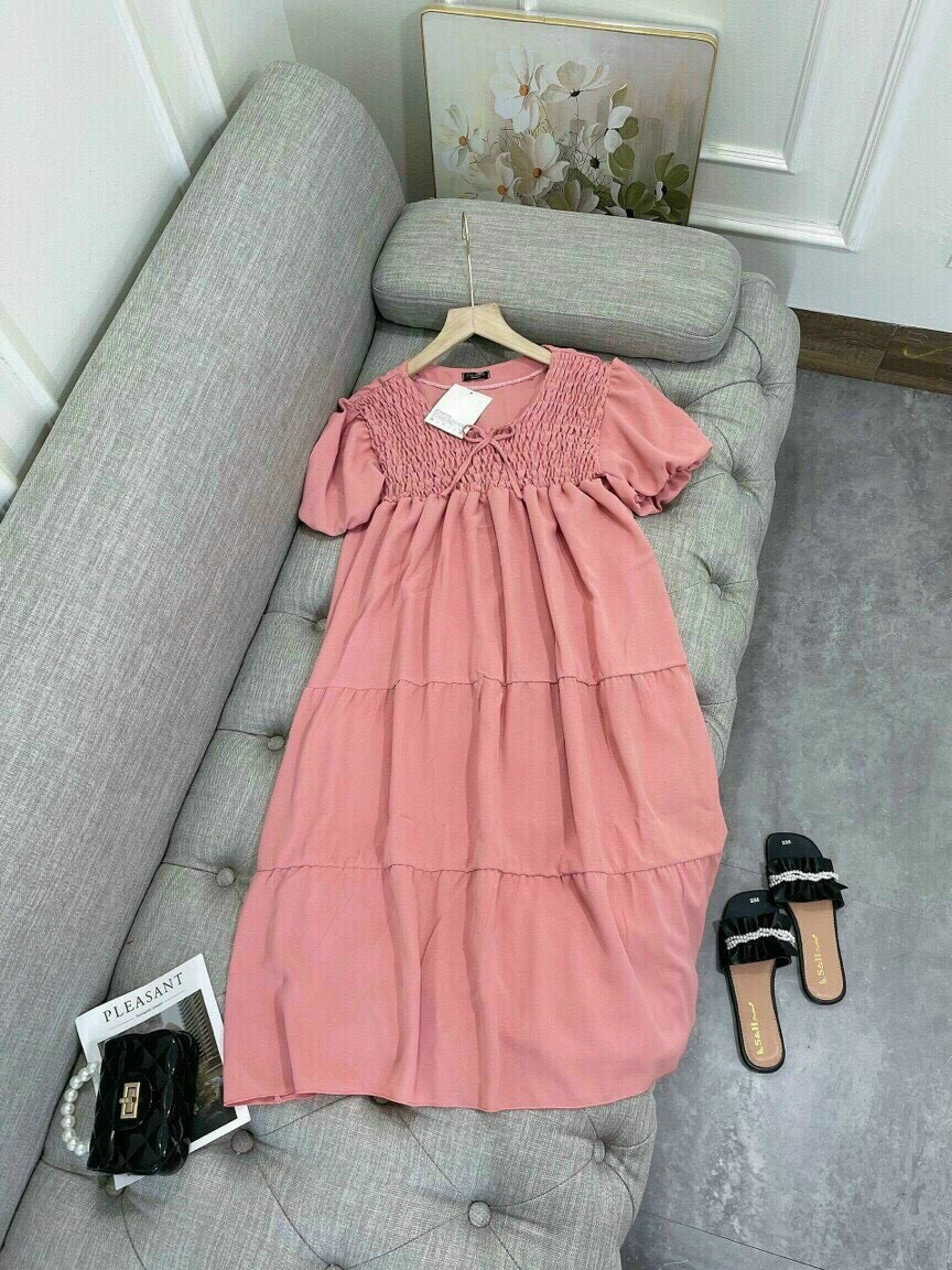 [Freeship 2022] Đầm Babydoll Hồng Cột Nơ Tay Phồng