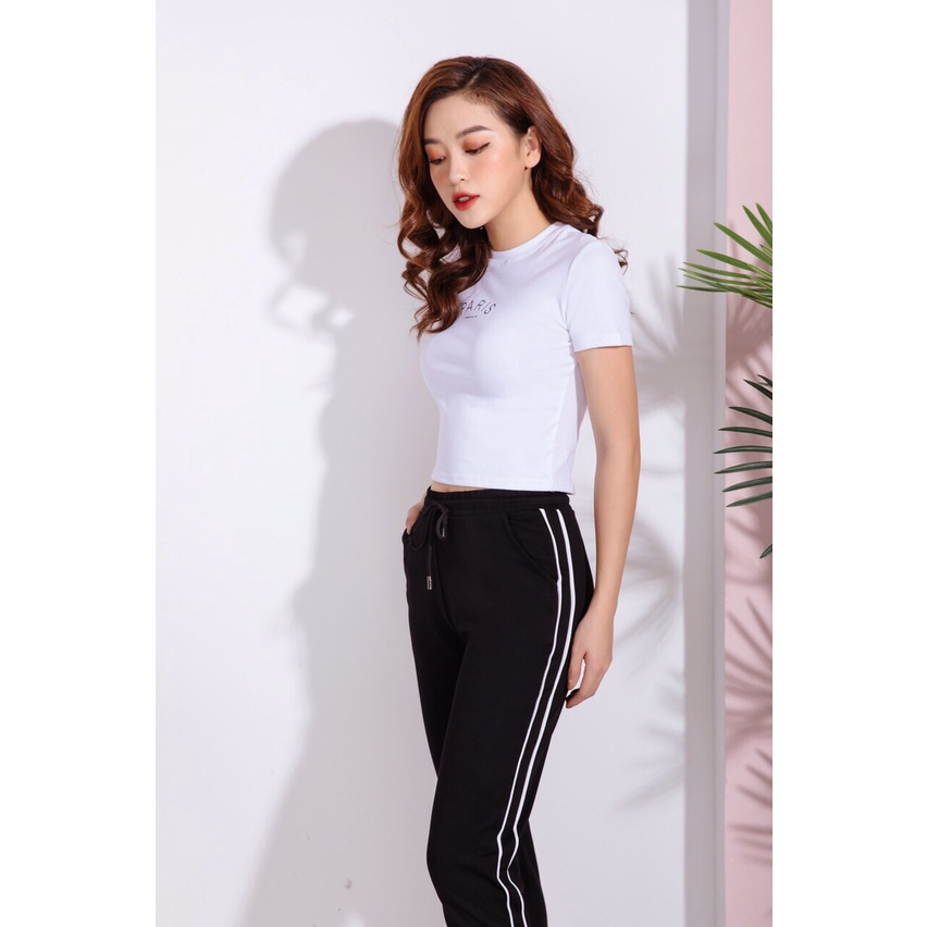 Quần jogger nữ 2 sọc nhí stars cao cấp quần thể thao nữ dây rút màu đen chất Mỳ Hàn