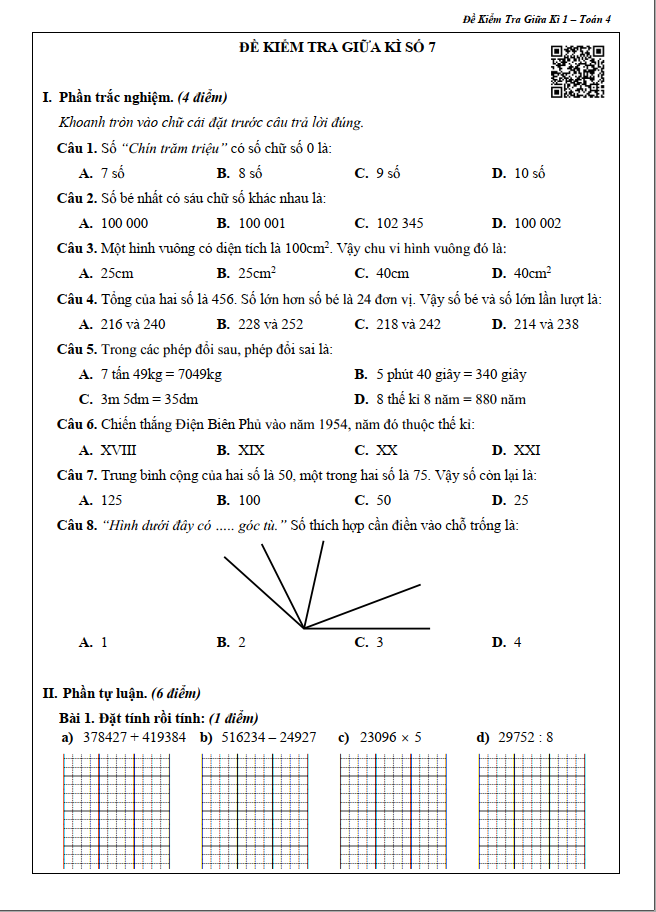 Sách - Đề Kiểm Tra Toán 4 - Học Kì 1 (1 cuốn)