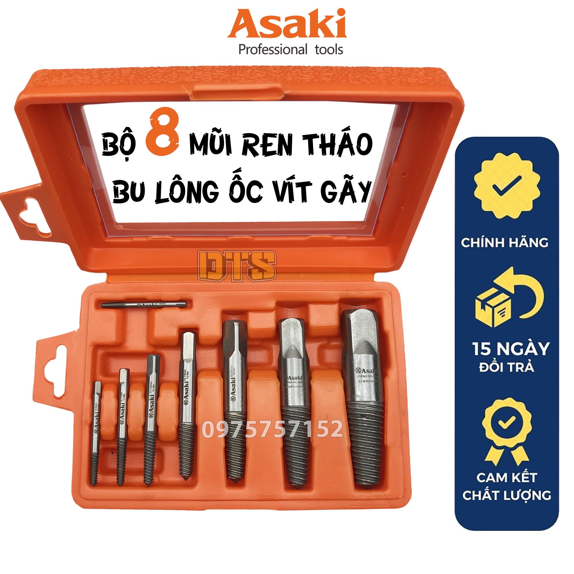 Bộ 8 mũi ren chuyên lấy ốc vít gãy ống nước Asaki AK-3698, bộ taro ren trái đa năng nhổ ốc gãy toét thép Cr-Mo siêu cứng, siêu bền, bộ mũi vít tháo ốc gãy, bộ tháo bu lông ốc vít trờn ren, bộ nhể ốc gãy