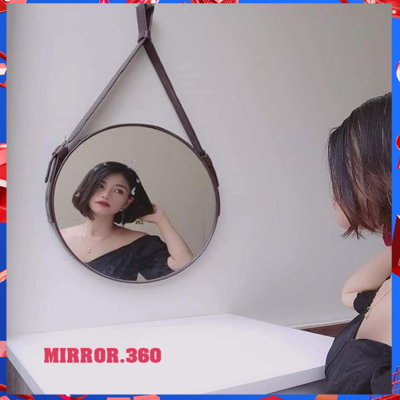 (Size 40cm) Gương Tròn Treo Tường Viền Da Simili (Màu Nâu sậm). Tặng kèm phụ kiện treo gương.