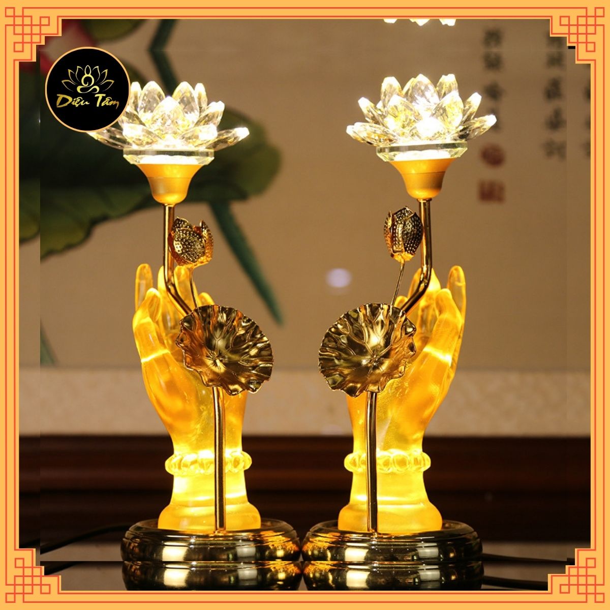 Cặp Đèn thờ tay phật cầm hoa sen, Đèn thủ ấn liên hoa lưu ly pha lê cao cấp