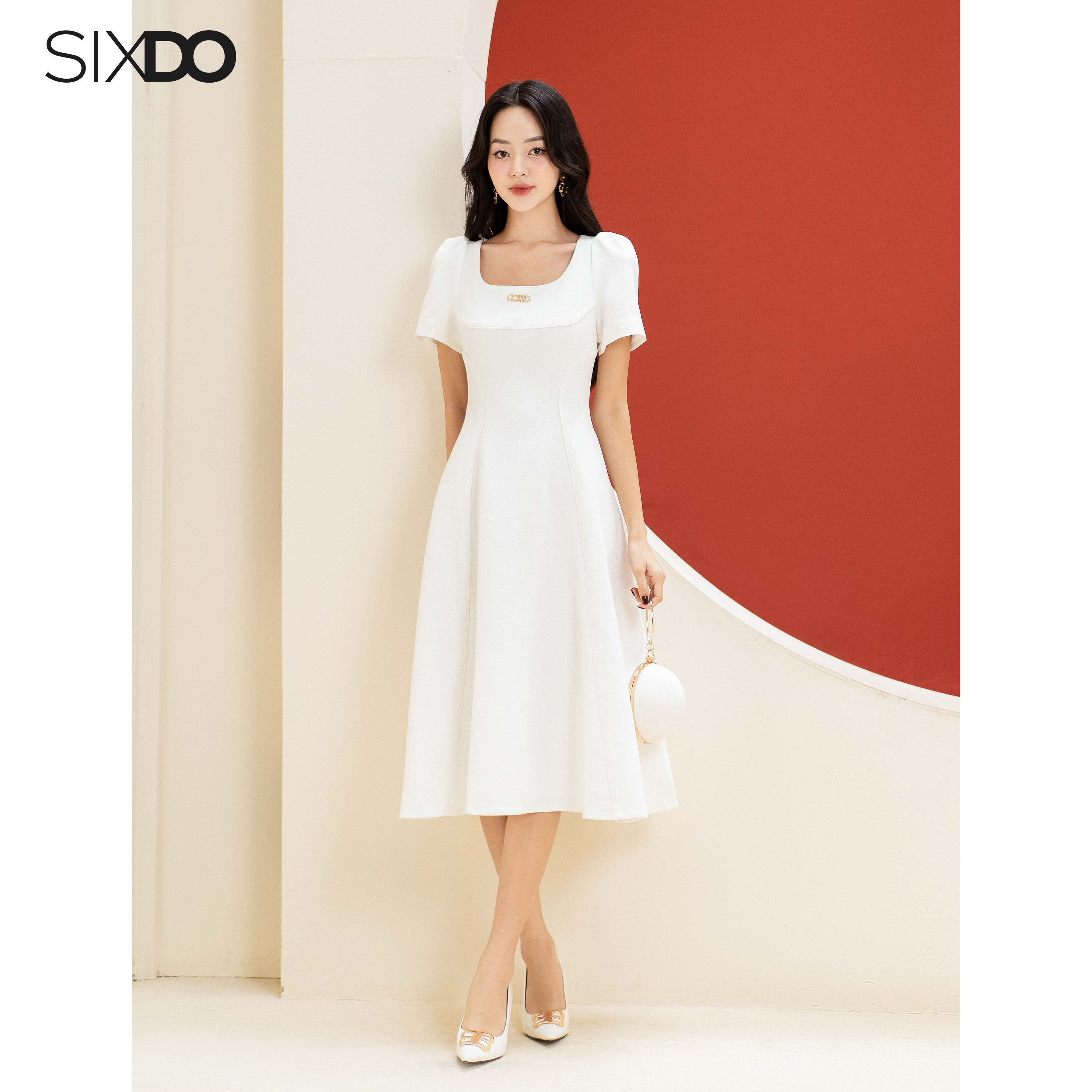 Đầm trắng cổ U dáng xòe SIXDO (White U-neckline Midi Woven Dress)